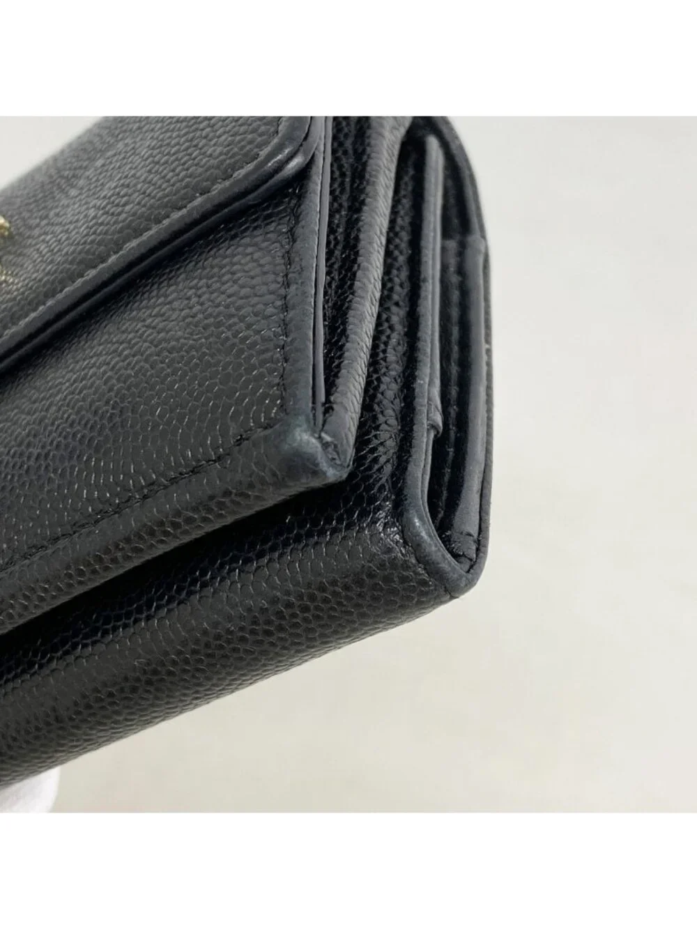 Chanel Trifold Wallet Camellia Caviar Leather Black Champagne Gold
